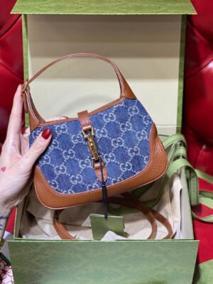 gg Jackie 1961 Mini Shoulder Bag Dark Blue And Ivory Eco Washed Organic gg Jacquard Denim For Women 7.5in/19cm gg 637092 2KQgg 8375