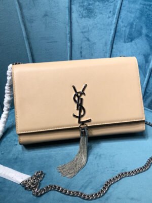 YSSL Kate Medium Chain Bag With Tassel In Grain De Poudre Beige For Women 9.4in/24cm YSL?