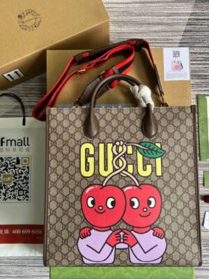 gg Cherry Print Medium Tote Beige For Women, Women’s Bags 15.1in/38cm gg ?703264 U2QAG 8839