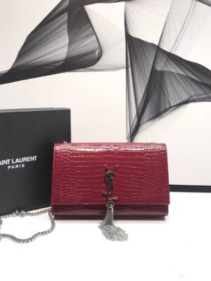 YSSL Kate Medium Chain Bag With Tassel In Embossed Crocodile Burgundy For Women 9.4in/24cm YSL
