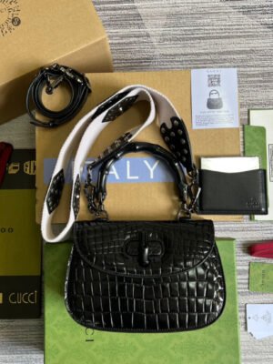 gg Bamboo 1947 Crocodile Top Handle Bag Black For Women, Women’s Bags 10.2in/26cm gg