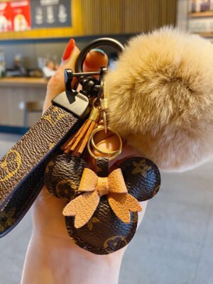 Luxury Mickey Keychain ¨C Faux Leather & Fur Pom Charm for Handbag or Car