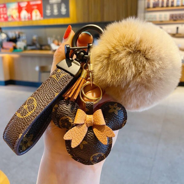 Luxury Mickey Keychain ¨C Faux Leather & Fur Pom Charm for Handbag or Car
