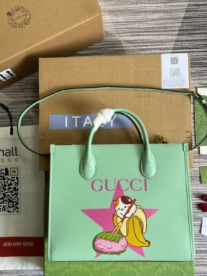 gg Bananya Print Small Tote Green For Women, Women’s Bags 12.2in/31cm gg 659983 U22AG 3067