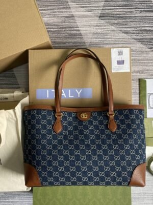 gg Ophidia gg Medium Tote Dark Blue And Ivory Eco Washed Organic gg Jacquard Denim  For Women 15in/38cm gg ?631685 2KQgg 8375