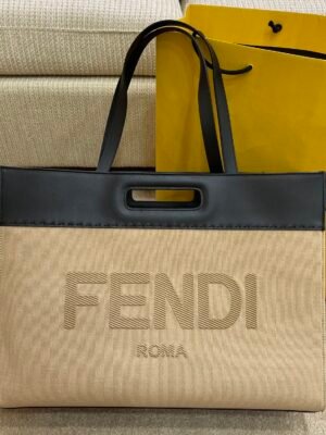 FI Canvas Tote Bag Cream/Black For Women, Handbags 18.1in/46cm FF 7VA480