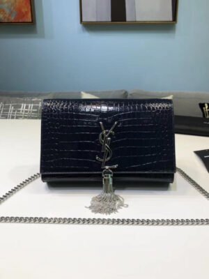 YSSL Kate Small Chain Bag With Tassel In Embossed Black For Women 7.8in/20cm YSL 474366DND0N1000