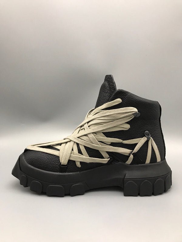 4._4_e8141587-ec39-45ef-8ebb-342106a6a386 Rick Owens Black High-Top Sneakers with Beige Straps