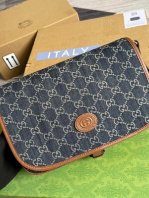 gg Children’s gg? Messenger Bag Dark Blue And Ivory Eco Washed Organic gg Jacquard Denim For Women? 11.4in/29cm gg