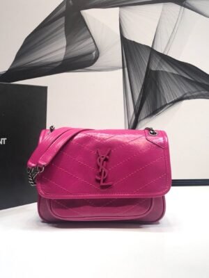 YSSL Niki Baby Chain Bag In Crinkled Vintage Dark Pink For Women 8.2in/21cm YSL