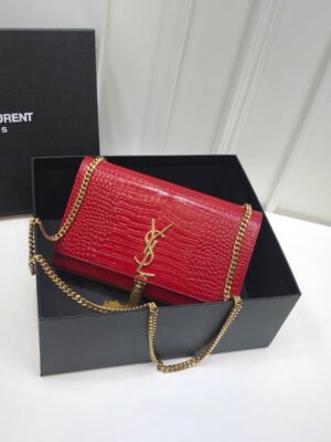 YSSL Kate Medium Chain Bag With Tassel In Embossed Crocodile Red For Women 9.4in/24cm YSL