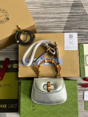 gg Bamboo 1947 Mini Top Handle Bag Silver For Women, Women’s Bags 6.7in/17cm gg