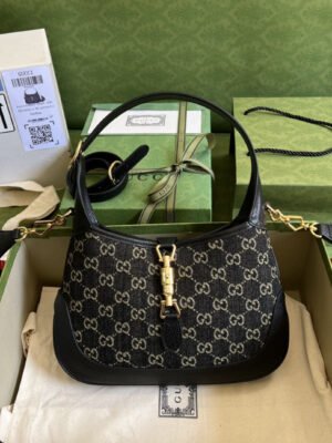 gg Jackie 1961 Small Shoulder Bag Black And Ivory gg Denim Jacquard For Women 11in/28cm 678843 UN3AG 1294