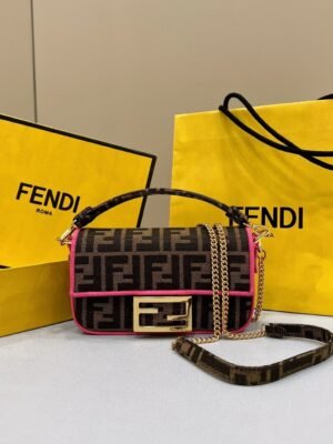 FI Baguette Small Brown Fabric Pink Border Bag For Woman 18cm/7in