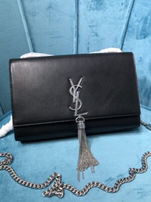 YSSL Kate Medium Chain Bag With Tassel In Grain De Poudre Black For Women 9.4in/24cm YSL 354119BOW0N1000