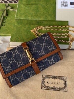 gg Jackie 1961 Chain Wallet Dark Blue And Ivory Eco Washed Organic gg Jacquard Denim For Women 7.5in/19cm 652681 2KQgg 8375