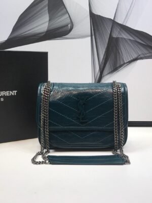 YSSL Niki Baby Chain Bag In Crinkled Vintage Dark Green For Women 8.2in/21cm YSL