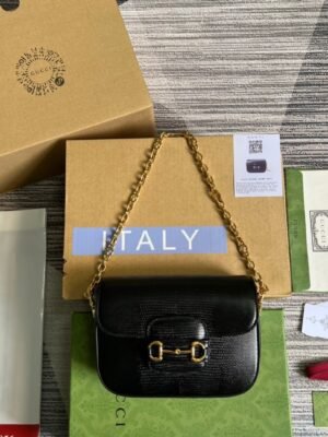 gg Horsebit 1955 Lizard Mini Bag Black For Women, Women’s Bags 8in/20cm gg