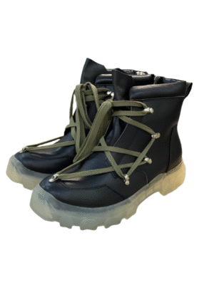 Rick Owens Combat Boots - Black Leather with Olive Laces and Translucent Sole