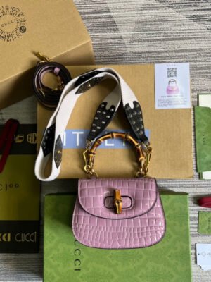 gg Bamboo 1947 Crocodile Mini Top Handle Bag Pink For Women, Women’s Bags 6.7in/17cm gg