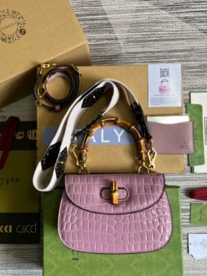 gg Bamboo 1947 Crocodile Top Handle Bag Pink For Women, Women’s Bags 10.2in/26cm gg