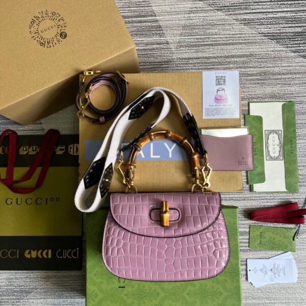 gg Bamboo 1947 Crocodile Top Handle Bag Pink For Women, Women’s Bags 10.2in/26cm gg