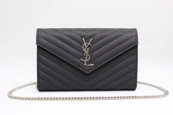 YSSL Cassandre Matelass¨¦ Chain Wallet In Grain De Poudre Embossed Black For Women 8.8in/23cm YSL 377828BOW021000