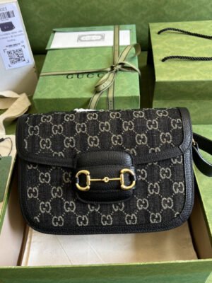 gg Horsebit 1955 Shoulder Bag Black And Ivory gg Denim Jacquard For Women 9.8in/25cm 602204 UN3BG 1274