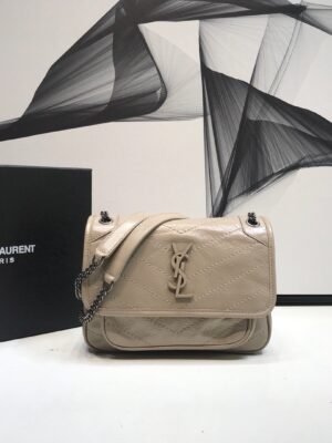 YSSL Niki Baby Chain Bag In Crinkled Vintage Beige For Women 8.2in/21cm YSL 6331600EN049956