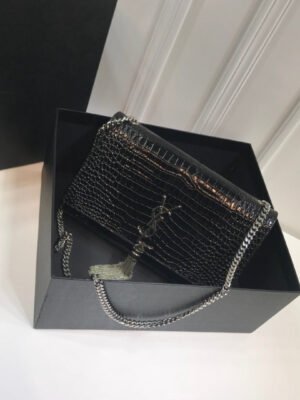 YSSL Kate Medium Chain Bag With Tassel In Embossed Crocodile Black For Women 9.4in/24cm YSL 354119DND0N1000