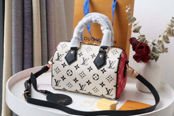LV Speedy Bandouli¨¨re 20 Monogram Empreinte Black/White/Pink For Women, WoHandbags 8.1in/21cm LV M46088