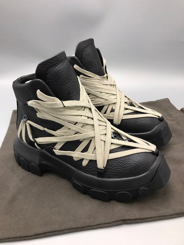 8._8_fb09d426-256f-4684-88cd-d59d4f2fde64 Rick Owens Black High-Top Sneakers with Beige Straps