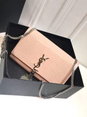 YSSL Kate Medium Chain Bag With Tassel In Embossed Crocodile Dark Beige For Women 9.4in/24cm YSL