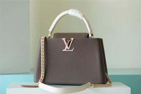 8985c43b LV Capucines MM Taurillon Smokey Brown Green/ Creme/ Pink For Women, Shoulder And Crossbody Bags 31.5cm/12.4in LV M59516