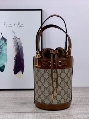 gg Horsebit 1955 Small Bucket Bag In gg Supreme Canvas Brown For Women 7.5in/19cm gg 637115 92TPG 8563