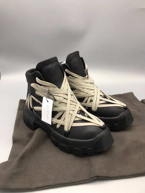 9._9_1eeab39d-7c65-4fa7-a43d-e1357ee99840 Rick Owens Black High-Top Sneakers with Beige Straps