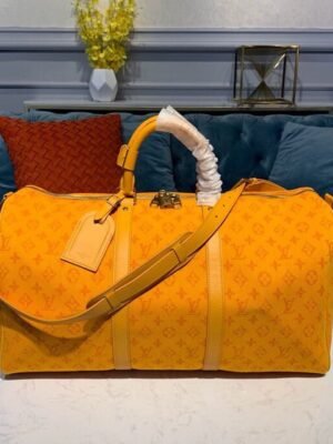 LV Keepall Bandouliere 50 Monogram Denim Ochre Yellow For Men, Men¡¯s Bags, Travel Bags 19.7in/50cm LV M44644
