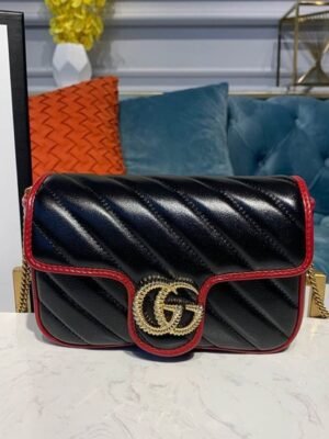 gg Marmont Diagonal Matelass Shoulder Bag Black Red For Women 10in/26cm gg 443497