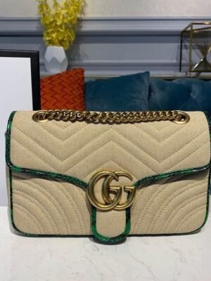 gg Marmont Raffia Straw Shoulder Bag Beige/Green gg Chevron Matelass¨¦ Raffia Effect Fabric For Women 10in/26cm gg  ?443497