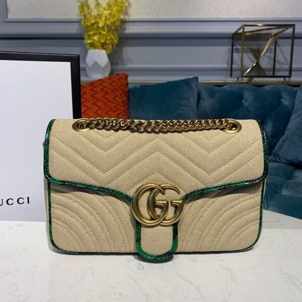 gg Marmont Raffia Straw Shoulder Bag Beige/Green gg Chevron Matelass¨¦ Raffia Effect Fabric For Women 10in/26cm gg  ?443497