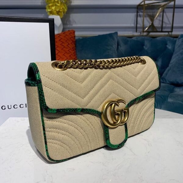 gg Marmont Raffia Straw Shoulder Bag Beige/Green gg Chevron Matelass¨¦ Raffia Effect Fabric For Women 10in/26cm gg  ?443497