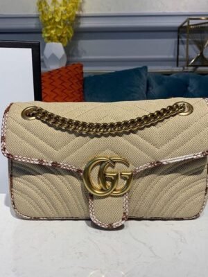 gg Marmont Raffia Straw Shoulder Bag Cream/Brown/Beige gg Chevron Matelass¨¦ Raffia Effect Fabric For Women 10in/26cm gg  ?443497