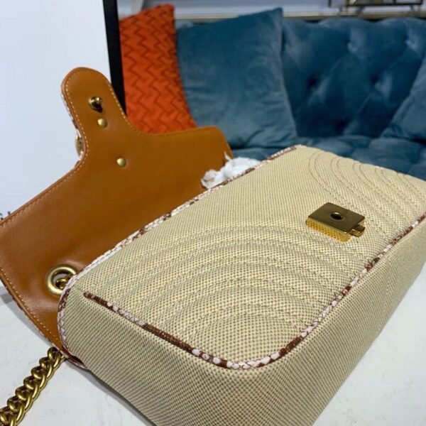 gg Marmont Raffia Straw Shoulder Bag Cream/Brown/Beige gg Chevron Matelass¨¦ Raffia Effect Fabric For Women 10in/26cm gg  ?443497