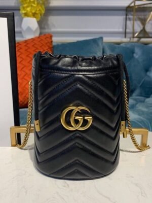 gg Marmont Mini Bucket Bag Black Matelass¨¦ Chevron For Women 6in/13cm gg 575163 575163 DTDRT 1000