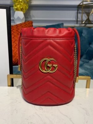 gg Marmont Mini Bucket Bag Hibiscus Red Matelass¨¦ Chevron For Women 6in/13cm gg 575163