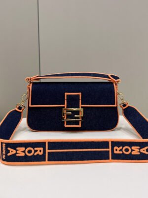 FI Baguette Blue Denim Orange Border Bag For Woman 26cm/10in