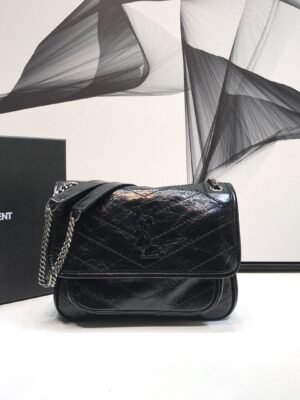 YSSL Niki Baby Chain Bag In Crinkled Vintage Black For Women 8.2in/21cm YSL 6331600EN041000