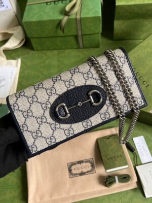 gg Horsebit 1955 Wallet With Chain Beige And Blue For Women 7.5in/19cm gg