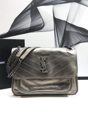 YSSL Niki Medium Chain Bag In Crinkled Vintage?Silver For Women 11in/28cm YSL?