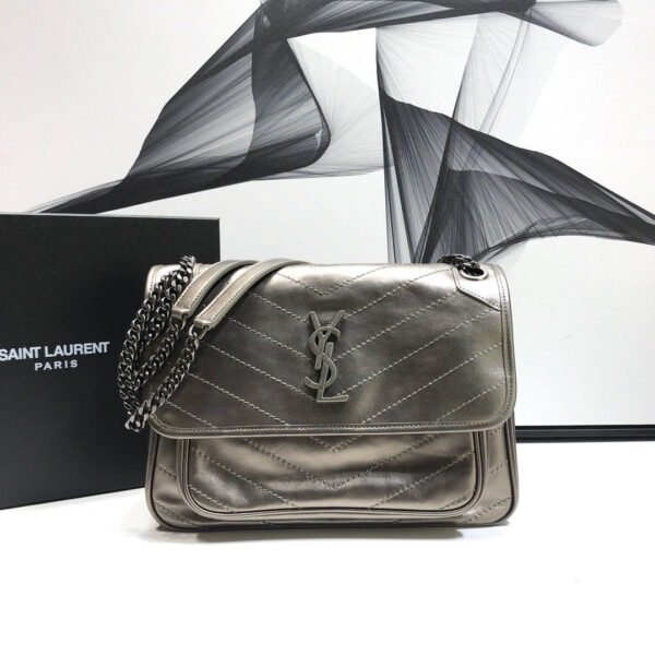 YSSL Niki Medium Chain Bag In Crinkled Vintage?Silver For Women 11in/28cm YSL?